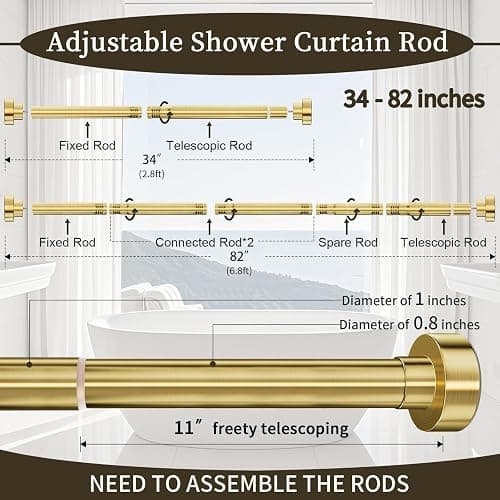 YNL Shower Curtain Rod 34-82 Inches, Non-Slip, Never Rust, No Drill Tension Curtain Rod for Bathroom & Window Stainless Steel Shower Rod, Brushed Gold thumbnail 3