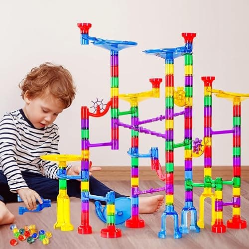 Meland Marble Run - 132Pcs Marble Maze Game Building Toy for Kid, Marble Track Race Set & STEM Learning Toys for Boy Girl Age 3 4 5 6 7 8 9+ (102 Translucent Marbulous Pcs & 30 Glass Marbles) - 132pcs with Glowing Marbles thumbnail 2