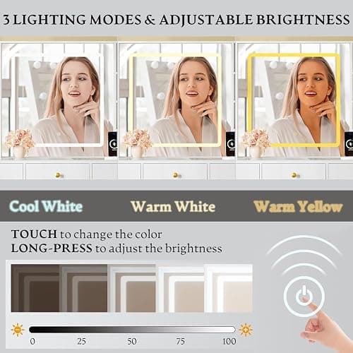 Makeup Vanity Desk with HD Lighted Mirror & Power Outlet, Glass Top Vanity Table Set with Storage Drawers & RGB Cabinets, Large Dressing Table with 3 Lighting Modes for Bedroom Women Girls Kids, White thumbnail 5