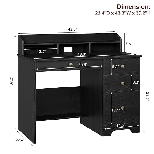 TTVIEW Computer Desk with Drawers and Hutch Shelf, Wood Executive Desk Writing Study Table with 43” Wide Tabletop, Small Desk with File Drawer for Home Office Bedroom, Black thumbnail 2