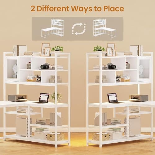 SEDETA L Shaped Computer Desk, 58'' Office Desk with LED Light and Bookshelf, L Shaped Corner Desk with Storage Shelves for Home Office, Gaming Desk, L Desk, White thumbnail 6