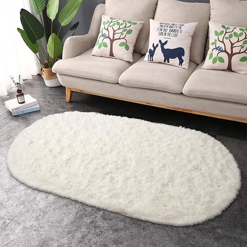 junovo Washable, Non-Slip Area Rug,Oval Fluffy Ultra Soft Area Rugs for Bedroom Plush Shaggy Carpet for Kids Room Bedside Nursery Mats, 2.6 x 5.3ft, Creamy thumbnail 5