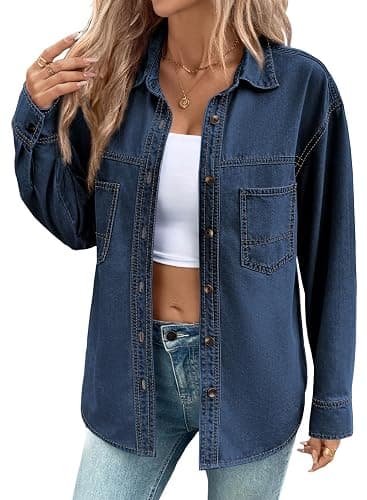Sidefeel Women Denim Shirts Oversized Long Sleeve Button Down Blouse V Neck Casual Top Shackets - Image 1