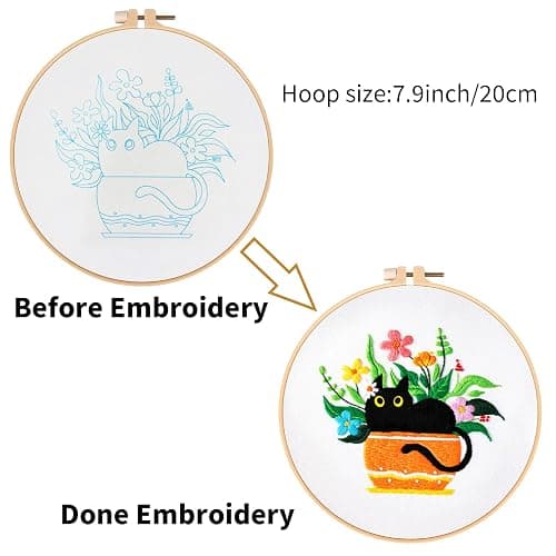 Louise Maelys Embroidery kit with Cat Plant Stamped for Starters, Cross Stitch Kits for Beginners Adults, Include Embroidery Cloth, Hoop,Needles,Instruction and Threads thumbnail 3