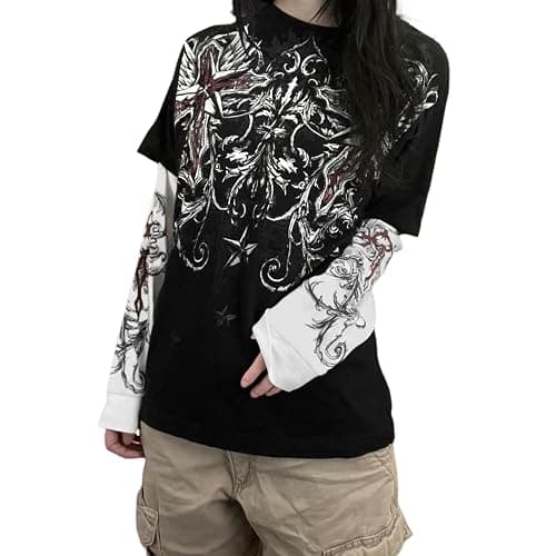 Women's Long Sleeve Tops Vintage Round Neck Skull Print Loose Grunge Shirts Pullover Harajuku Y2K Streetwear - K-black - L thumbnail 2