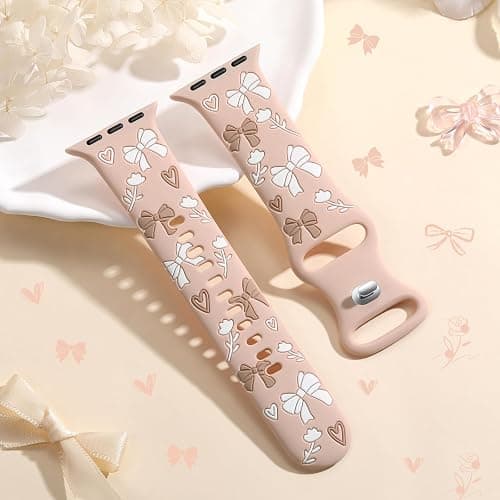 Lerobo Floral Band Compatible with Apple Watch Bands for Women 40mm 41mm 38mm 42mm 44mm 45mm 46mm 49mm, Engraved Cute Bow Soft Silicone Sport Strap for iWatch Series 11 10 9 8 7 6 5 4 3 2 1 SE Ultra thumbnail 7