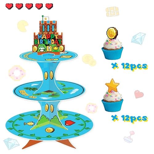 Super Brothers Party Cupcake Stand with Stars & Goldcoin Cupcake Toppers 24pcs, Video Game Birthday Party Supplies for Kids Boy Birthday Cupcake Decoration Super Game Bros 3 Tier Cupcake Stand thumbnail 3