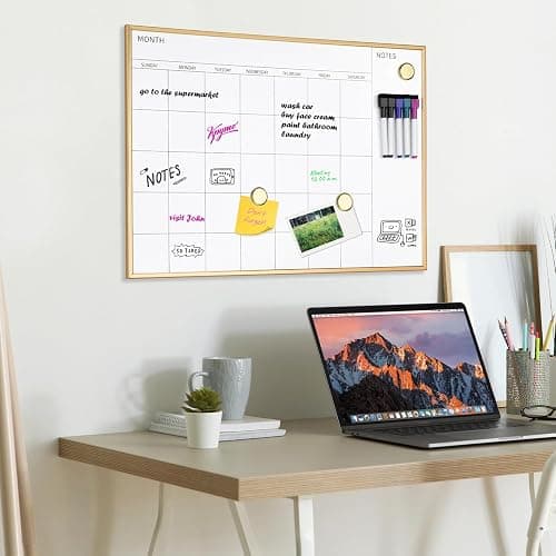 VUSIGN Monthly Calendar Whiteboard, 17" x 13" Gold Wooden Frame | Magnetic Dry Erase Calendar with 2 Magnets & 5 Whiteboard Pens, Monthly Calendar Whiteboard for Office School Home thumbnail 5