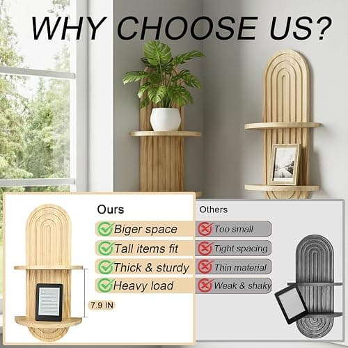 Nacidooka 23.6" Boho Arched Wall Shelves Set of 2 Mid Century Plant Shelves | 2-Tier Natural Wood Floating Shelves Decorative Wall Plant Holder for Home Living Room Bedroom Bathroom Entryway Office thumbnail 3