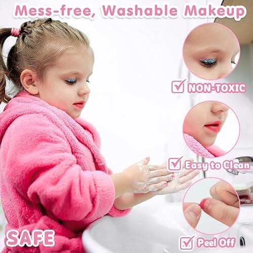 58Pcs Kids Makeup Kit for Girl - Real Washable Cosmetic Set with Light Up Mirror - Kids Makeup Sets for Girls -Play Make Up Birthday for Age 3 4 5 6 7 8 9 10 11 12 Years Old Kid -Pink thumbnail 6