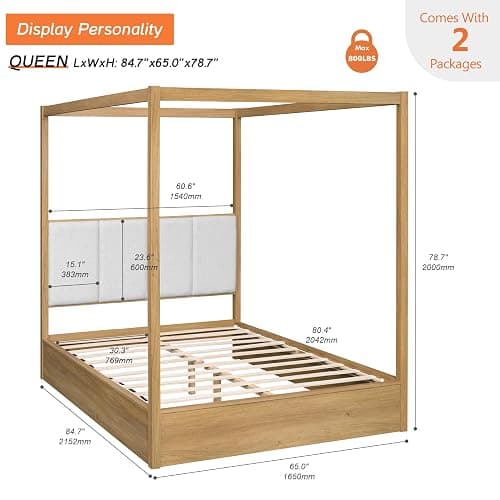 WAMPAT Wood Canopy Bed Frame Queen Size, Oak Bed w/Solid Wood Posters | Modern Wooden Bed Frame w/ 12 Slats & Support Legs, 800 lbs Capacity, No Box Spring Needed, Upholstered Headboard for Bedroom thumbnail 2