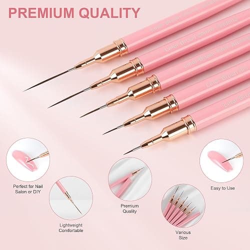 Artdone Metallic Nail Art Pens, Liner Brushes Set, 5PCS Pink Color Nail Tools For Long Lines, Thin Details, Fine Drawing, Liner Brush UV Gel Polish Painting Nail Design Sizes 5/8/12/20/25mm - Pink thumbnail 3