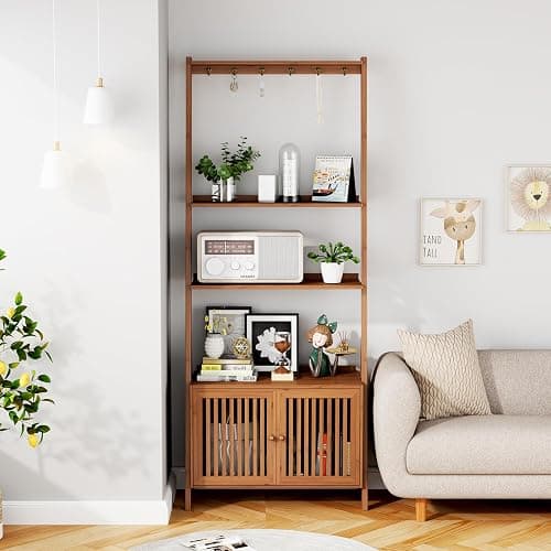 Bookcase with Drawers, 4-Tier Bamboo Bookshelf Ladder Shelf with 6 Hooks, Tall Narrow Retro Book Shelf, 24.8"L x 10.6"W x 59.5"H, Standing Storage Organizer for Living Room, Office, Bedroom, Walnut thumbnail 9