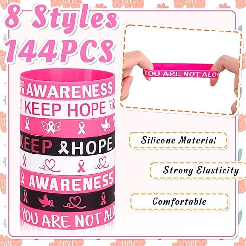 Moon Boat 144PCS Breast Cancer Awareness Bracelets Bulk - Pink Ribbons Hope Faith Strength Courage Stretch Wristbands for Women Gifts Party Supplies thumbnail 4
