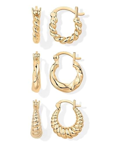 PAVOI 14K-18K Yellow Gold Plated 925 Sterling Silver Posts Three Pairs Small Hoop Earrings for Women - Statement Gold Hoop Earrings Set - Cubic Zirconia Rope Teardrop Chunky Huggie Earscape Piercings - Image 1