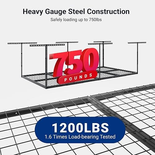 FLEXIMOUNTS 4x8 Overhead Garage Storage Rack, Adjustable Organization System, Heavy-Duty Metal Ceiling Racks, 750lbs Weight Capacity, Black, Classic Series thumbnail 4