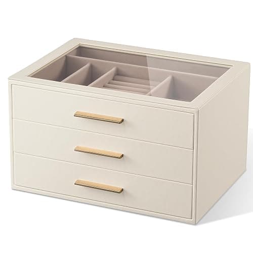 pickpiff Jewelry Box Organizer Case for Women: 3-Layer Jewelry Storage Case with Glass Window, Ivory Leather with Pink Velvet, Holder for Ring Necklace Bracelet Brooch Watch, Great Gift for Her - Image 1