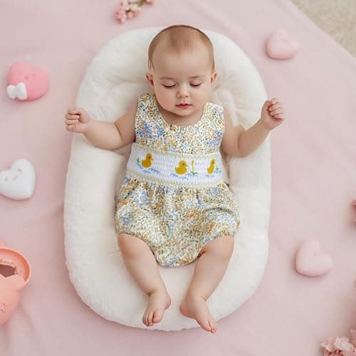 Xnqiwq Baby Girl Floral Bubble Romper with Duck Embroidery Sleeveless Smocked Bodysuit Farm Animal Summer Outfit thumbnail 4
