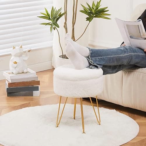 Cplxroc Footrest Footstools Round Faux Fur Ottoman with Storage Space Soft Vanity Chair Seat Coffee Table Ottoman Small Side Table Metal Legs with Adjustable Footings (Cream) thumbnail 4
