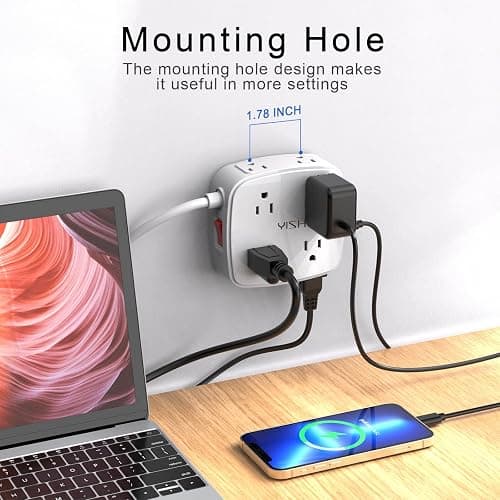 10 Ft Surge Protector Power Strip - YISHU 3 Side Outlet Extender with 8 Widely AC Outlets and 4 USB Ports, 10 Feet Extension Cord with Flat Plug, Wall Mount Desk USB Charging Station, ETL,White thumbnail 3