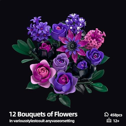 Purple Rose Bouquet Building Set - Compatible with Lego Flowers for Adults Women - Gothic Home Office Table Centerpiece Decor, Halloween Christmas Valentine's Gift thumbnail 3