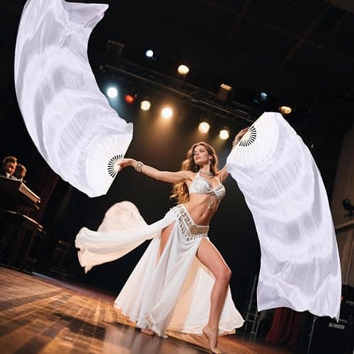 Leemiman Professional Belly Dance Fans Veils Pair (Left+Right),180x90cm Faux Silk Fan Veils for Oriental Dance Performances Stage Shows - white thumbnail 6