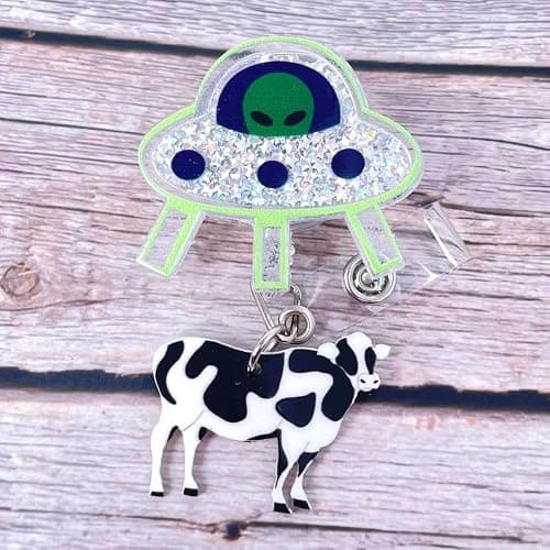 Cute UFO Cow Badge Reel Holder Retractable with ID Clip for Nurse Nursing Name Tag Card Funny Accessories with Alligator Clip Medical Assistant Office Student Work Hospital thumbnail 6