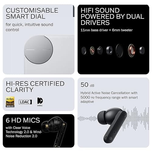 CMF Buds Pro 2 Wireless Earbuds with Smart Dial, 50dB Hybrid Noise Cancelling Earbuds Wireless Bluetooth 5.3, 11mm Bass with LDAC, 6 Hi-Res Audio Mics, 43H Playtime, Fast Charging Case, Light Grey thumbnail 2