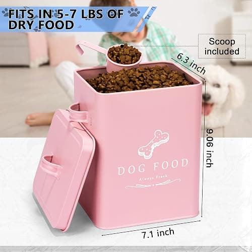 Meraki Home Small Dog Food Container and Dog Treats Container - Tight Lids - Feed Scoop and Pet Food Bowl - Farmhouse Metal Storage Bin - Matte Pink thumbnail 3