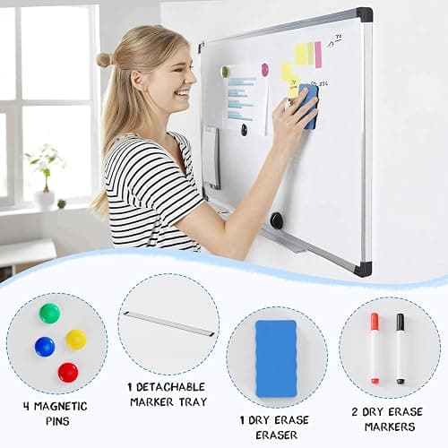 DUMOS Magnetic Whiteboard Kit for Wall 36" x 24", Dry Erase Board with 1 Dry Eraser & 2 Multicolor Markers & 4 Magnetic Pins, Sliver Reinforced Aluminum Frame for Home, School, Office thumbnail 2