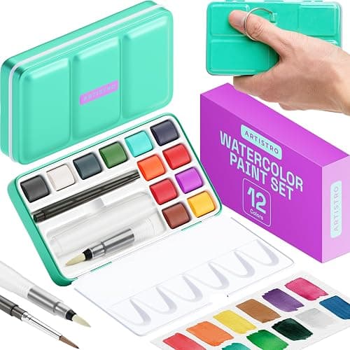 ARTISTRO Watercolor Paint Set in 12 Colors - Travel Watercolor Set with Metal Case & Bright Watercolors - Portable Set for Beginners & Amateur Artists - Image 1