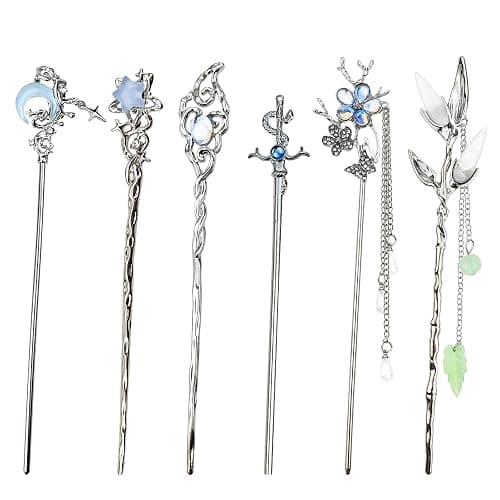 6PCS Star Moon Hair Sticks for Buns Long Hair Chinese Hanfu Asian Vintage Hair Chopsticks Metal Silver Hair Bun Updo Holders Long Hairpins for Women Girls - Image 1