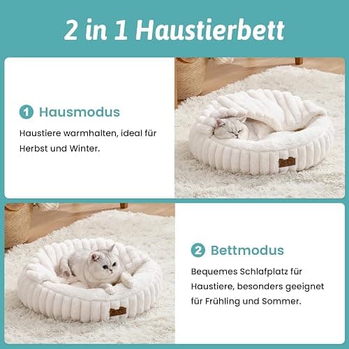 COZY KISS Katzenbett mit Decke 50x50x15cm - Flauschige Kleine Katzenhöhle - Kissen, Runde kleine Hundebett mit Rutschfester Unterseite, Katzensofa mit Kopfstütze aus Kunstfell, Waschbares, Creme thumbnail 3