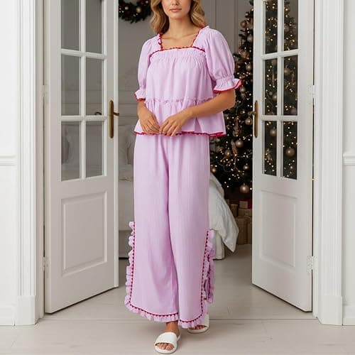Bocymolay Women Christmas Red Plaid Pajamas Set Gingham Short Sleeve Babydoll Shirt Ruffle Pants 2 Piece Pj Loungewear thumbnail 7