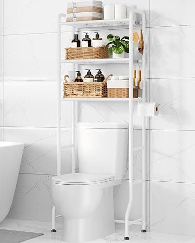 Kitsure Over Toilet Storage Rack - Metal Over Toilet Bathroom Organizer Shelf, Over the Toilet Storage Cabinet with Paper Holder and Hooks, Bathroom Cabinet for Laundry, White, 3 Tiers (63.2" H) - Image 1