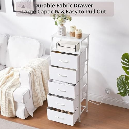 Somdot White Nightstand with Charging Station and LED Light for Bedroom, Tall 5 Drawers Dresser with Fabric Bins for Bedside Kids Dorm Room Closet Laundry Entryway, White Leather - 11"D x 16.5"W x 45.3"H (5 Drawers) - White Leather thumbnail 8