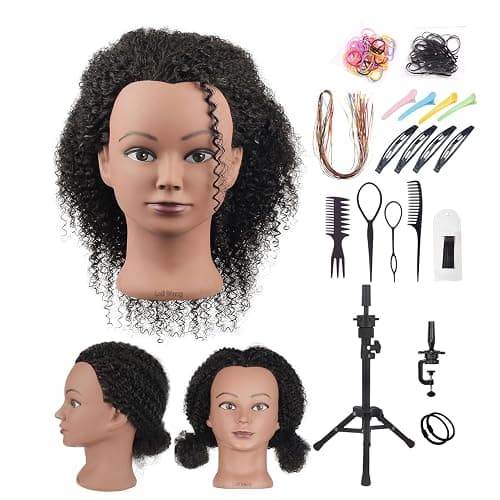 100% Human Hair Mannequin Head Kinky Curly Head Mannequin Real Hair Cosmetology Doll Head for Hair-styling Practice Manikin Training Head With Clamp Stand - Image 1