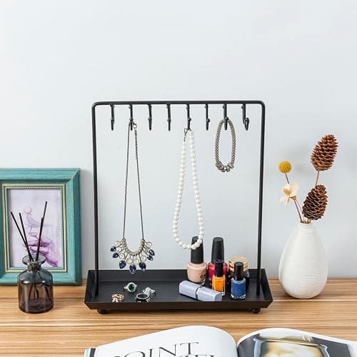 MyGift Black Metal Jewelry Stand for Women Jewelry Organizer Stand for Necklaces with 20 Hooks and Ring Tray Sturdy Necklace Pole thumbnail 2