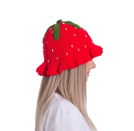 ComfyCamper Knitted Strawberry Hat - Womens Adult Mens Women Crochet Fruit Summer Cosplay Halloween Costumes thumbnail 4