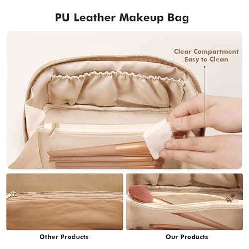 Prite Große Kapazität Kosmetiktasche Tragbare Reise Make Up Tasche wasserdichte PU-Leder Schminktasche oder Kulturbeutel mit Transparente Trenner und Griff(Beige) thumbnail 6