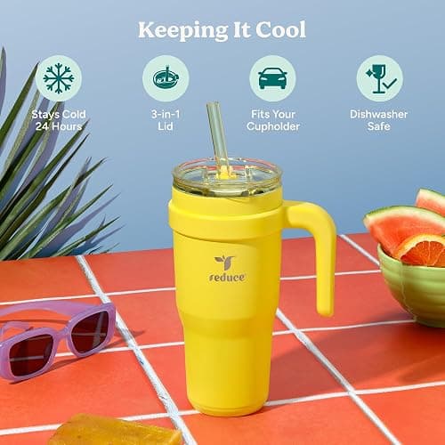 Reduce 24 oz Stainless Steel Tumbler with Handle - Dual-Wall Vacuum Insulated Travel Mug, Sweat-Proof Lid & Reusable Straw - Keeps Drinks Cold for 24 Hrs, Fits Cupholders, Dishwasher Safe -Pina Colada thumbnail 3