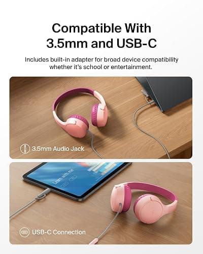 Belkin SoundForm Mini Kids Wired Headphones w/USB C to 3.5mm Dongle, Built-in Mic & Fun Stickers, 85dB Max Volume – for Online Learning, Travel, Compatible w/iPhone 16, iPad, Galaxy S25, etc - Pink thumbnail 3