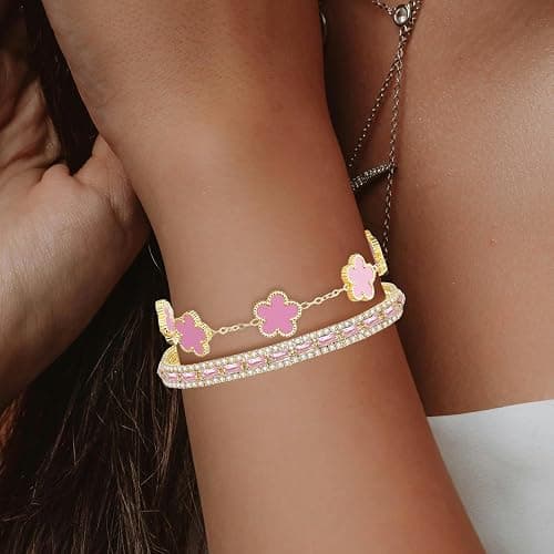 2Pcs Stackable Bracelet Set for Women Cubic Zirconia Tennis Bracelet Adjustable 18K Gold Plated Flower Bracelet Set Trendy Gifts for Women thumbnail 2