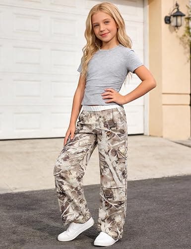Qetobolly Girls Clothes 2PC Summer Outfits Pleated Short Sleeve Top and Camo Wide Leg Pants Set Kids Clothes Girls 6-16 Year thumbnail 3