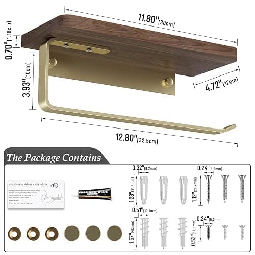 Danpoo Brushed Gold Paper Towel Holder Wall Mount, with Natural Walnut Shelf – Elegant Kitchen & Bathroom Organizer thumbnail 3