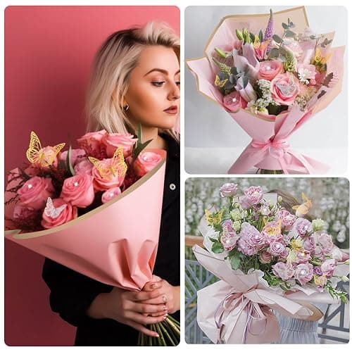 Thrilez 187PCS Flower Bouquet Wrapping Paper Kit Includes 40 Floral Paper, 24 Butterflies, 100 Bouquet Pins, 3 Ribbons and 20 Greeting Cards for Mother's Day Wedding Baby Shower Graduation thumbnail 2