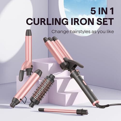 Wavytalk 5 in 1 Curling Wand Set, Dual Voltage Curling Iron Set with 5 Interchangeable Barrels Included A Thermal Brush, A Hair Crimper and 3 Ceramic Curling Wands(0.5"-1.25"), Rose Pink thumbnail 7