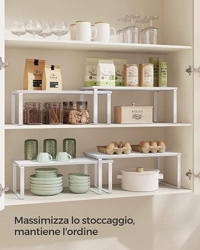 SONGMICS Organizzatori da Cucina, Set di 4 Scaffali da Banco, Portaoggetti per Armadietto, Impilabile, Espandibile, Metallo e Legno Ingegnerizzato, Bianco Nuvola e Bianco Neve KCS028W01 thumbnail 4