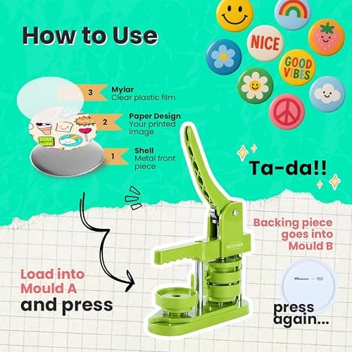 Button Maker Machine – 2.25 Inch (58mm) – Single Mold, Pin Maker Machine Kit with 100 Buttons, 5 Fridge Magnets, 5 Bottle Openers, Cutters, and 500+ Button Designs for DIY Crafts, Green thumbnail 8