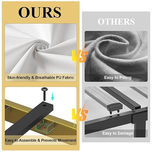 E-Motie Full Size Bed Frame with Headboard, Upholstered Platform Metal Beds Frame Full, Supported by Strong Metal Slats, No Box Spring Needed, Easy Assembly, Noise-Free, Gold thumbnail 10
